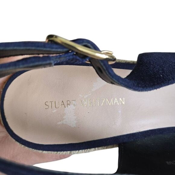 Stuart Weitzman Jean Blue Suede Slingback Cork Wedge Heel Sandal Size 8 - Picture 10 of 14